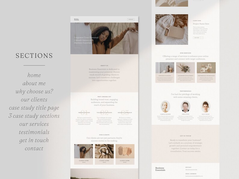 May include: Website screenshot showing the sections of a business website. The website is designed in a minimalist style with a neutral color palette. The sections include "Home", "About Me", "Why Choose Us?", "Our Clients", "Case Study Title Page", "3 Case Study Sections", "Our Services", "Testimonials", "Get in Touch", and "Contact".