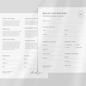 May include: A black and white interior design contract template with the title "Belle Interiors Interior Design Contract". The contract includes sections for scope of work, changes and revisions, services, ownership and rights, fees and payment, termination, client details, project details, project type, and payment details.