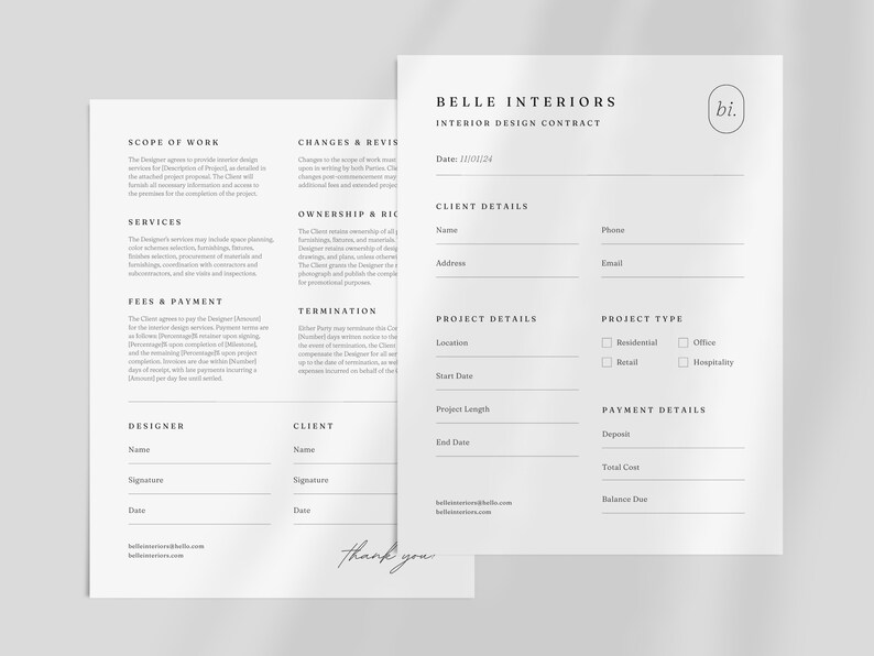 May include: A black and white interior design contract template with the title "Belle Interiors Interior Design Contract". The contract includes sections for scope of work, changes and revisions, services, ownership and rights, fees and payment, termination, client details, project details, project type, and payment details.