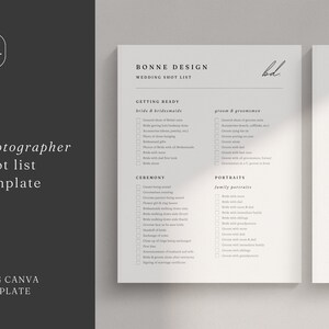 Minimalistyczny szablon listy zdjęć ślubnych dla fotografa na 2 strony | Lista zdjęć fotograficznych Canva | Edytowalna lista kontrolna | Lista zdjęć ślubnych