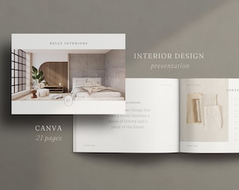 May include: A mockup of a 21-page interior design presentation for Canva. The cover features a photo of a modern bedroom with a large window, a bed with white linens, and a wooden headboard. The text "Belle Interiors" and "Interior Design Presentation" is visible on the cover.
