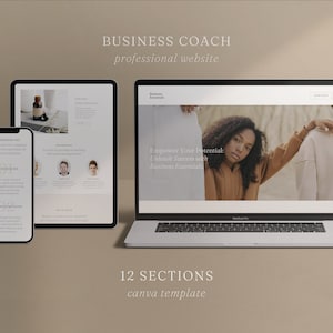 May include: Mockup of a website for a business coach on a laptop, tablet, and smartphone. The website features a photo of a woman with the text "Empower Your Potential: Unleash Success with Business Essentials". The text "12 SECTIONS canva template" is below the mockups.