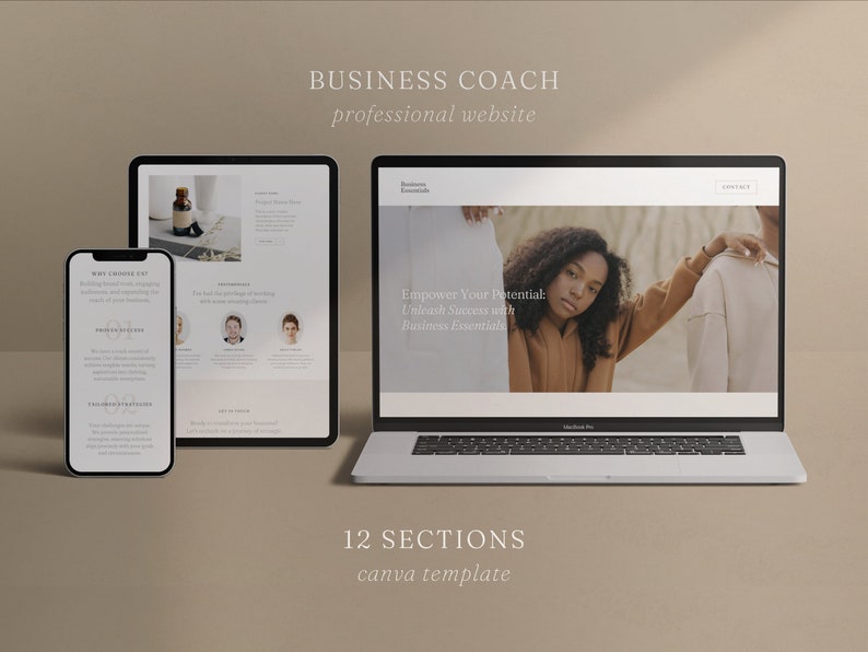 May include: Mockup of a website for a business coach on a laptop, tablet, and smartphone. The website features a photo of a woman with the text "Empower Your Potential: Unleash Success with Business Essentials". The text "12 SECTIONS canva template" is below the mockups.