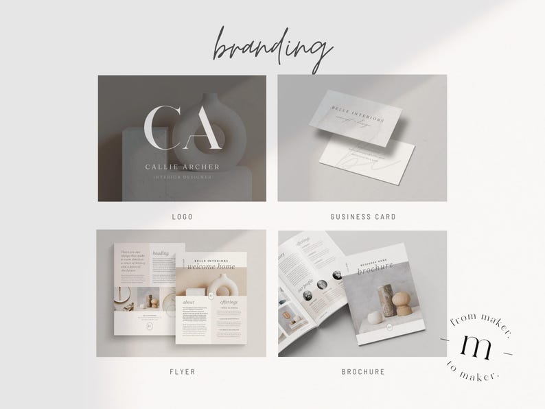 Pu&ograve; includere: Mockup di branding per Callie Archer, interior designer. Il logo presenta le iniziali "CA" in un font bianco minimalista su uno sfondo marrone. Il biglietto da visita &egrave; bianco con uno sfondo grigio e il testo "Callie Archer Interior Designer". Il volantino e la brochure sono entrambi bianchi con uno sfondo grigio e presentano immagini di arredamento per la casa.