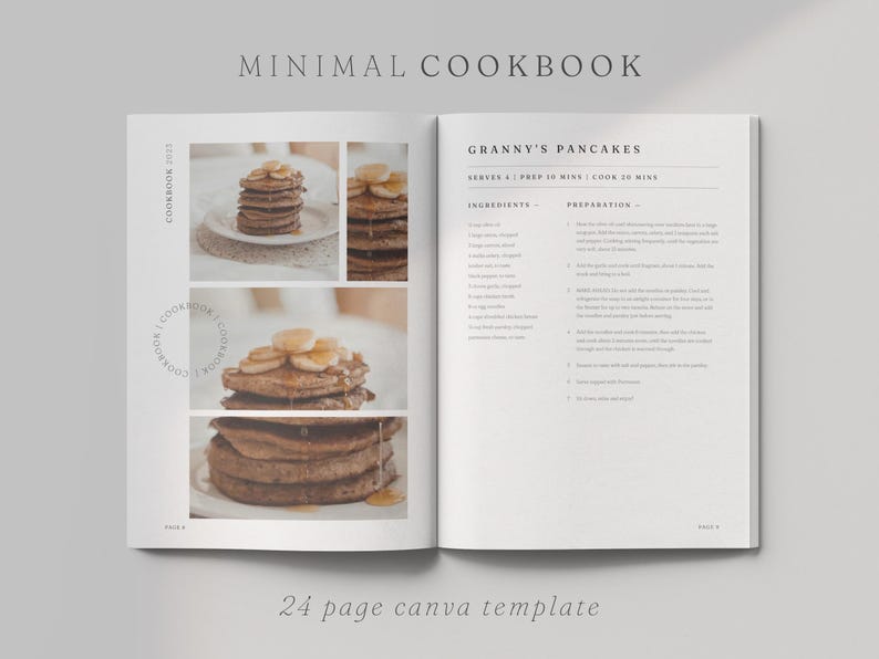 May include: A cookbook with a recipe for Granny's Pancakes. The cookbook has a minimalist design with a white background and black text. The recipe includes a list of ingredients and preparation steps. The image also shows a stack of pancakes with bananas on top.