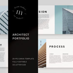 Peut inclure: Modèle de portfolio d'architecte avec un design noir et blanc. La couverture présente des images architecturales et le texte "ARCHITECT PORTFOLIO". Comprend "20-PG CANVA TEMPLATE" et "US LETTER SIZE".