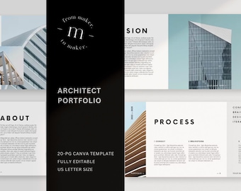 May include: Architect portfolio template with a black and white design. The cover features architectural images and the text "ARCHITECT PORTFOLIO". Includes "20-PG CANVA TEMPLATE" and "US LETTER SIZE".