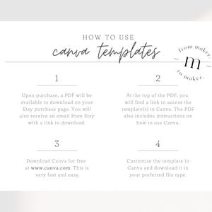 Pu&ograve; includere: Un foglio di carta bianco con testo nero che spiega come utilizzare i modelli Canva. Il testo include i seguenti passaggi: 1. Al momento dell'acquisto, un PDF sar&agrave; disponibile per il download sulla pagina di acquisto di Etsy. Riceverai anche un'e-mail da Etsy con un link per il download. 2. Nella parte superiore del PDF, troverai un link per accedere al modello/i in Canva. Il PDF include anche istruzioni su come utilizzare Canva. 3. Scarica Canva gratuitamente su www.canva.com. &Egrave; molto veloce e facile. 4. Personalizza il modello in Canva e scaricalo nel tipo di file che preferisci.