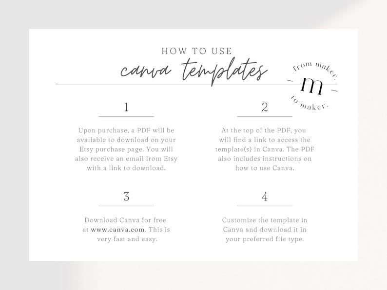 Pu&ograve; includere: Un foglio di carta bianco con testo nero che spiega come utilizzare i modelli Canva. Il testo include i seguenti passaggi: 1. Al momento dell'acquisto, un PDF sar&agrave; disponibile per il download sulla pagina di acquisto di Etsy. Riceverai anche un'e-mail da Etsy con un link per il download. 2. Nella parte superiore del PDF, troverai un link per accedere al modello/i in Canva. Il PDF include anche istruzioni su come utilizzare Canva. 3. Scarica Canva gratuitamente su www.canva.com. &Egrave; molto veloce e facile. 4. Personalizza il modello in Canva e scaricalo nel tipo di file che preferisci.