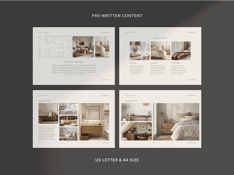 May include: A four-page interior design presentation featuring images of a floor plan, furniture, and inspiration for a home renovation project. The presentation includes text about the project overview, client goals, and inspiration.