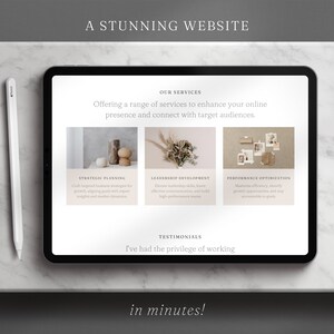 May include: A website screenshot showing a range of services offered to enhance online presence and connect with target audiences. The services include strategic planning, leadership development, and performance optimization. The website also includes a section for testimonials.