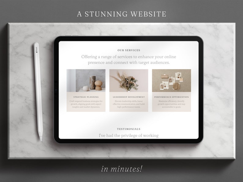 May include: A website screenshot showing a range of services offered to enhance online presence and connect with target audiences. The services include strategic planning, leadership development, and performance optimization. The website also includes a section for testimonials.