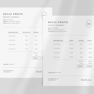 May include: Black and white receipt and invoice template with the text "Belle Photo" and the invoice number "#02300943". The template includes sections for description, quantity, hours, rate, total, subtotal, and tax.