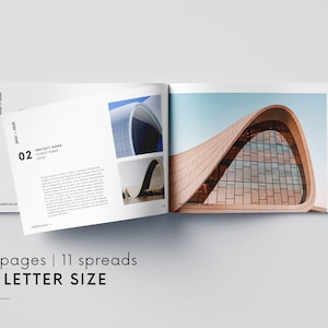 Puede incluir: Libro de portafolio abierto con im&aacute;genes arquitect&oacute;nicas. La portada muestra el texto "2022-2023" y "Portfolio". Las p&aacute;ginas abiertas muestran un edificio moderno con un dise&ntilde;o curvo. Tambi&eacute;n se ve el texto "20 pages | 11 spreads US LETTER SIZE".