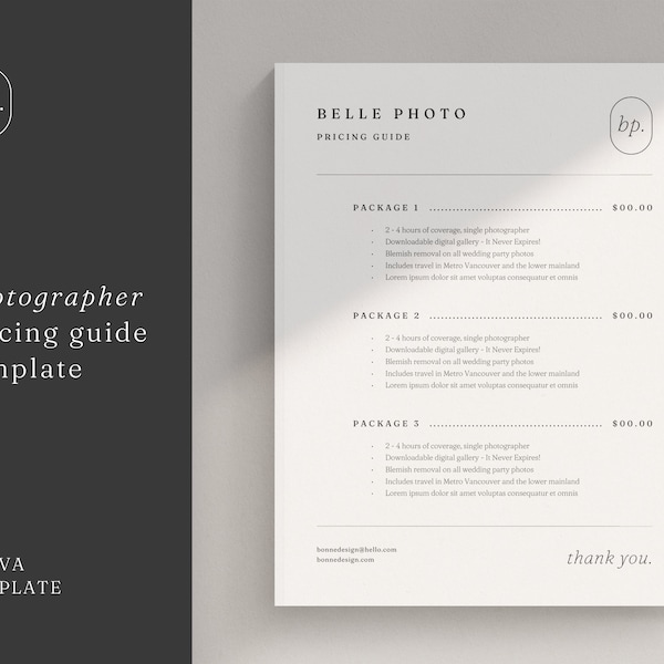 Minimal Photographer Pricing Guide Template | Photography Price List Canva | Wedding Price List | Simple Pricing Sheet | Package Prices