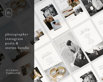 Pode incluir: Um conjunto de 24 modelos Canva para fotógrafos usarem no Instagram. Os modelos apresentam um esquema de cores preto e branco e incluem texto como "sneak peek", "process" e "offerings".
