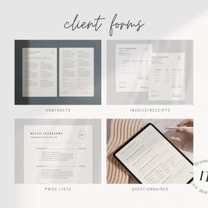 Pu&ograve; includere: Un set di moduli per clienti stampabili per interior designer. I moduli includono contratti, fatture, ricevute, listini prezzi e questionari. I moduli sono progettati in uno stile minimalista con un'estetica semplice e moderna.