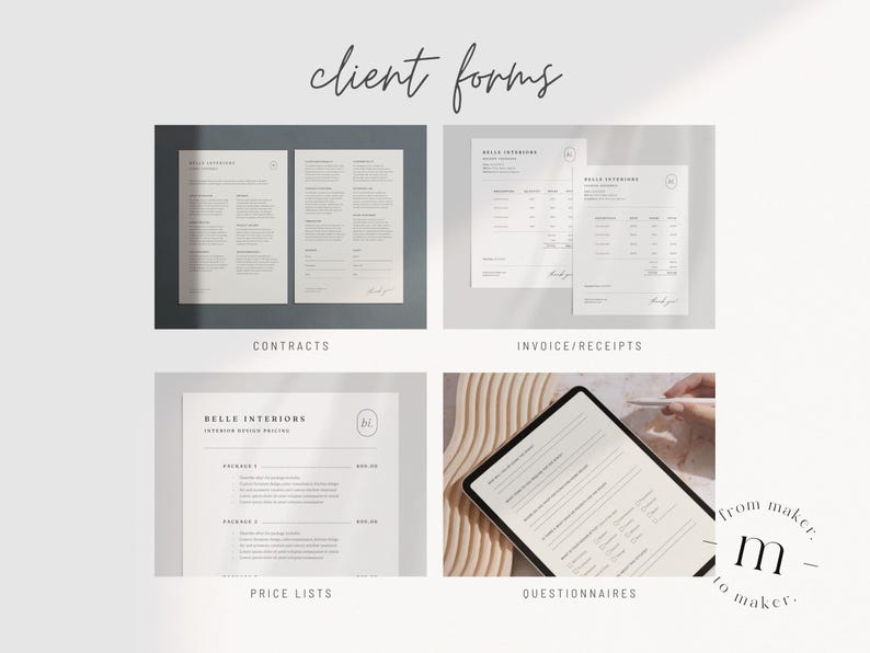 Pu&ograve; includere: Un set di moduli per clienti stampabili per interior designer. I moduli includono contratti, fatture, ricevute, listini prezzi e questionari. I moduli sono progettati in uno stile minimalista con un'estetica semplice e moderna.