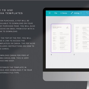 May include: A computer screen displays a Canva template with a resume design. The screen also shows instructions on how to use the templates, including downloading the PDF and customizing the template in Canva. The text includes "HOW TO USE CANVA TEMPLATES".