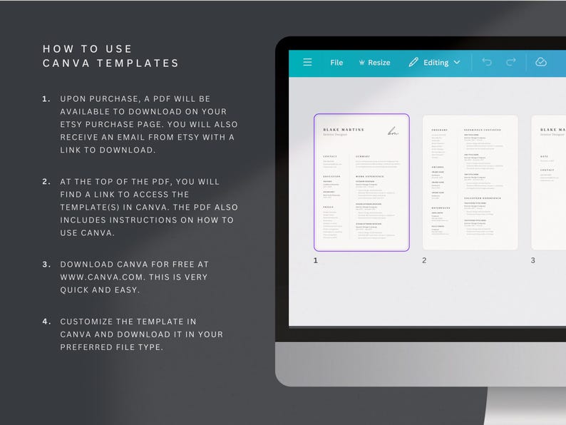 May include: A computer screen displays a Canva template with a resume design. The screen also shows instructions on how to use the templates, including downloading the PDF and customizing the template in Canva. The text includes "HOW TO USE CANVA TEMPLATES".