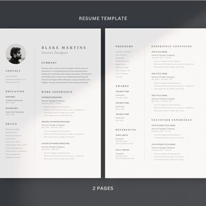 Op de afbeelding: Een zwart-witte cv-sjabloon met de naam Blake Martins, interieurontwerper, bovenaan. De cv bevat secties voor contactgegevens, opleiding, vaardigheden, werkervaring, programma's, onderscheidingen, referenties en vrijwilligerswerk.