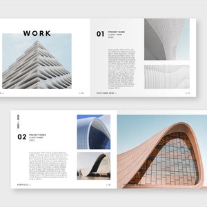 Puede incluir: Un dise&ntilde;o de portafolio con fotograf&iacute;a arquitect&oacute;nica. La p&aacute;gina incluye la palabra "WORK" y los a&ntilde;os "2022-2025". P&aacute;ginas adicionales muestran dise&ntilde;os de edificios modernos, texto y las palabras "PROJECT NAME" y "YOUR NAME HERE".