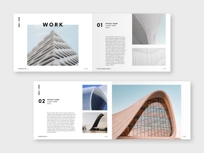 Puede incluir: Un dise&ntilde;o de portafolio con fotograf&iacute;a arquitect&oacute;nica. La p&aacute;gina incluye la palabra "WORK" y los a&ntilde;os "2022-2025". P&aacute;ginas adicionales muestran dise&ntilde;os de edificios modernos, texto y las palabras "PROJECT NAME" y "YOUR NAME HERE".
