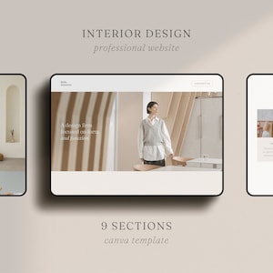 Puede incluir: Una maqueta digital de un diseño web, que muestra servicios de diseño de interiores. El diseño presenta una estética limpia y moderna con imágenes de espacios interiores y el texto "INTERIOR DESIGN professional website". La plantilla incluye "9 SECTIONS" y es una "canva template".
