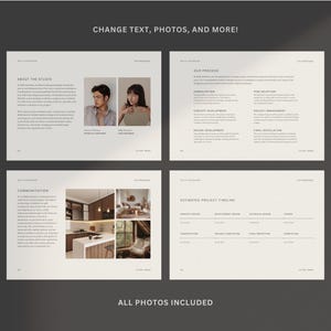 May include: A four-page brochure with a beige background and black text. The brochure is for an interior design studio and includes information about the studio, their process, estimated project timelines, and communication. The brochure also includes photos of the studio's work.