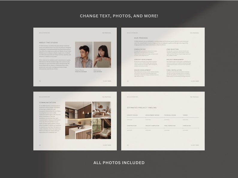 May include: A four-page brochure with a beige background and black text. The brochure is for an interior design studio and includes information about the studio, their process, estimated project timelines, and communication. The brochure also includes photos of the studio's work.
