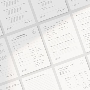 Puede incluir: Un conjunto de cuestionarios y facturas de diseño de interiores de Belle Interiors. Los cuestionarios incluyen preguntas sobre el estilo del cliente, el tipo de proyecto y el presupuesto. Las facturas incluyen una descripción de los servicios, las tarifas y los totales.