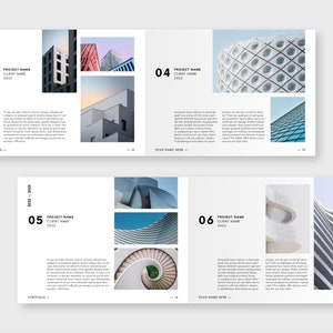 Puede incluir: Dise&ntilde;o de portafolio con im&aacute;genes arquitect&oacute;nicas y texto. El dise&ntilde;o es minimalista con fondos blancos y texto negro. Las p&aacute;ginas incluyen t&iacute;tulos como "PROJECT NAME" y "CLIENT NAME" con el a&ntilde;o 2022. El dise&ntilde;o es limpio y moderno.