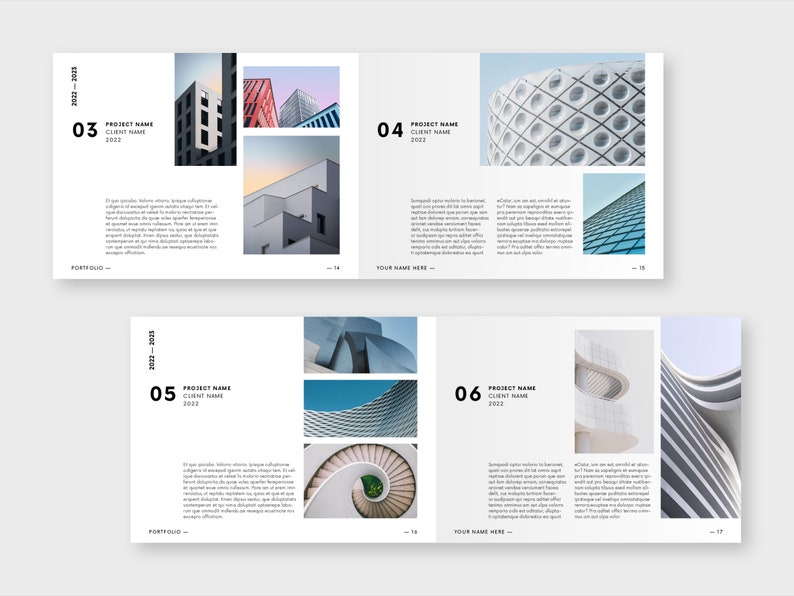 Puede incluir: Dise&ntilde;o de portafolio con im&aacute;genes arquitect&oacute;nicas y texto. El dise&ntilde;o es minimalista con fondos blancos y texto negro. Las p&aacute;ginas incluyen t&iacute;tulos como "PROJECT NAME" y "CLIENT NAME" con el a&ntilde;o 2022. El dise&ntilde;o es limpio y moderno.