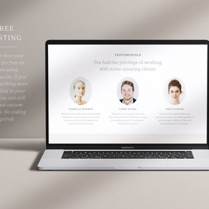 May include: A laptop screen displaying a website with the text "FREE HOSTING" and a section titled "TESTIMONIALS". The website features testimonials from three clients, each with a headshot and a brief quote about their experience.