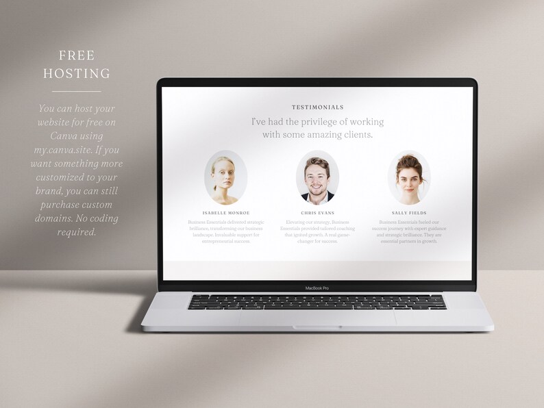 May include: A laptop screen displaying a website with the text "FREE HOSTING" and a section titled "TESTIMONIALS". The website features testimonials from three clients, each with a headshot and a brief quote about their experience.