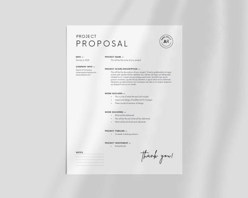May include: A black and white project proposal template with the title "Project Proposal" and the text "Thank you!" at the bottom.