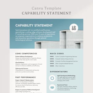 Peut inclure: Un modèle de déclaration de capacité bleu et blanc pour une société de conseil en technologie. Le modèle comprend le nom de la société, le logo, les compétences clés, les performances passées et les différenciateurs. Le modèle comprend également une section pour les codes NAICS.