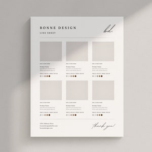May include: A line sheet template with the title "Bonne Design" and the text "bd." at the top. The sheet is divided into six sections, each with a space for a product name, description, price, and color swatches. The bottom of the sheet includes the address "123 Address Here" and the website "bonne-design.com".