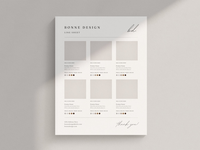 May include: A line sheet template with the title "Bonne Design" and the text "bd." at the top. The sheet is divided into six sections, each with a space for a product name, description, price, and color swatches. The bottom of the sheet includes the address "123 Address Here" and the website "bonne-design.com".