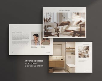 Plantilla de portafolio de diseño de interiores: Guía de proyectos para clientes (archivo Canva)