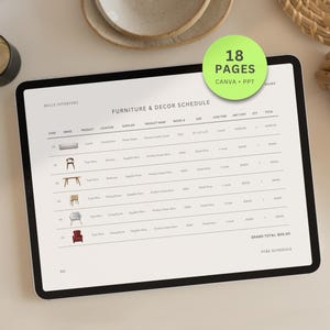 May include: A digital tablet displays a furniture and decor schedule with a light background. The text "18 pages" is in a green circle. A glass and wooden hand are on the table.