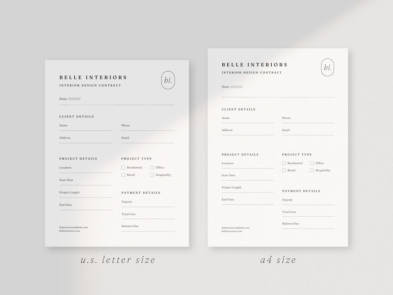 May include: Two interior design contract templates, one in US letter size and one in A4 size. Both templates feature the text "Belle Interiors" and "Interior Design Contract" at the top. The templates include sections for client details, project details, project type, and payment details.