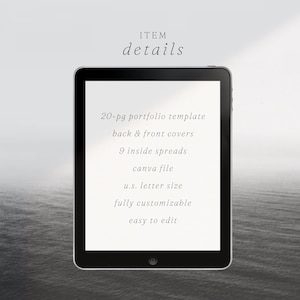 Puede incluir: Una pantalla de tableta que muestra el texto "ITEM details" y una lista de caracter&iacute;sticas para una plantilla de cartera de 20 p&aacute;ginas. Las caracter&iacute;sticas incluyen: portadas delantera y trasera, 9 p&aacute;ginas interiores, archivo Canva, tama&ntilde;o carta de EE. UU., totalmente personalizable y f&aacute;cil de editar.
