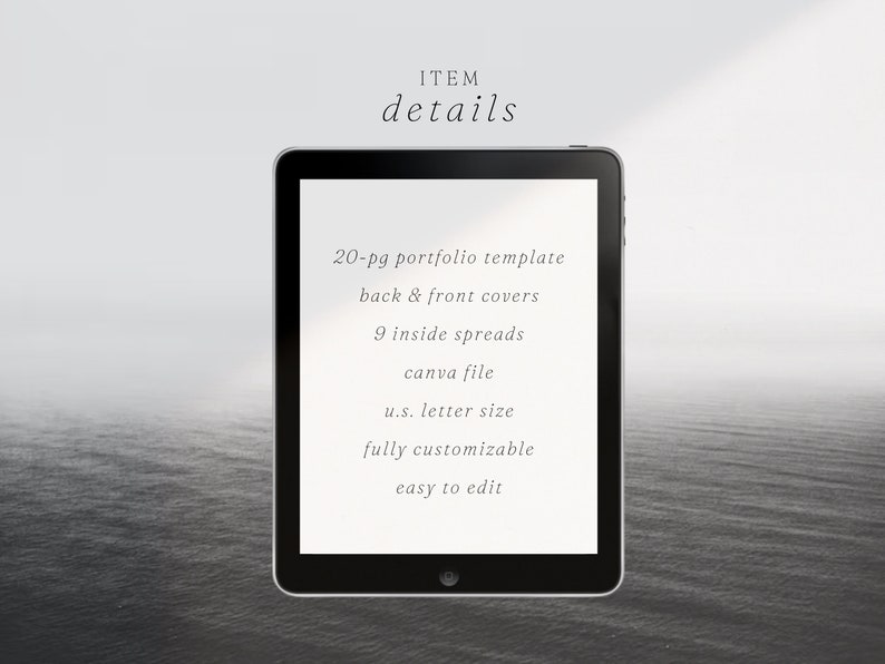 Puede incluir: Una pantalla de tableta que muestra el texto "ITEM details" y una lista de caracter&iacute;sticas para una plantilla de cartera de 20 p&aacute;ginas. Las caracter&iacute;sticas incluyen: portadas delantera y trasera, 9 p&aacute;ginas interiores, archivo Canva, tama&ntilde;o carta de EE. UU., totalmente personalizable y f&aacute;cil de editar.