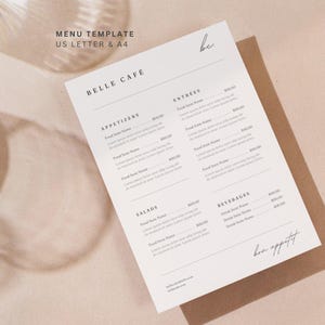 Plantilla minimalista para menú de restaurante: Diseño sencillo para cafetería (Canva, tamaño Carta de EE. UU. y A4)