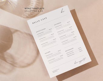 Minimalist Restaurant Menu Template: Simple Cafe Design (Canva, US Letter & A4)