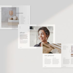 May include: A brochure with a minimalist design featuring a photo of a woman smiling and a photo of a room with a plant. The brochure includes the words "contents", "about", "our process", "consult", "brainstorm", "design", "finalize", "concept", "layout", "decoration", "styling", "planning", "finalizing".