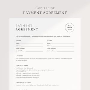 Op de afbeelding: Een zwart-witte betalingsovereenkomst met de titel "Contractor Payment Agreement". Het formulier bevat secties voor Partij A en Partij B, met velden voor naam, adres, telefoonnummer en e-mailadres. Het formulier bevat ook secties voor doel, betalingsvoorwaarden en betalingsmethode.
