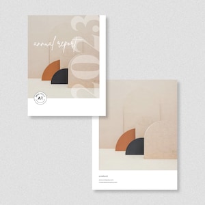 Puede incluir: Una portada de informe anual beige y marr&oacute;n con un dise&ntilde;o geom&eacute;trico que presenta semic&iacute;rculos en tonos de marr&oacute;n, negro y beige. El texto "informe anual" est&aacute; escrito en cursiva. El logotipo de la empresa "AR" est&aacute; en un c&iacute;rculo con un fondo beige.