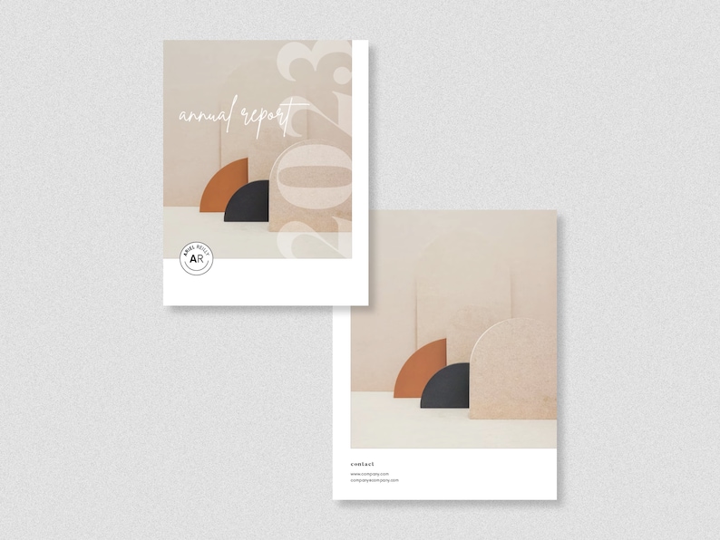 Puede incluir: Una portada de informe anual beige y marr&oacute;n con un dise&ntilde;o geom&eacute;trico que presenta semic&iacute;rculos en tonos de marr&oacute;n, negro y beige. El texto "informe anual" est&aacute; escrito en cursiva. El logotipo de la empresa "AR" est&aacute; en un c&iacute;rculo con un fondo beige.